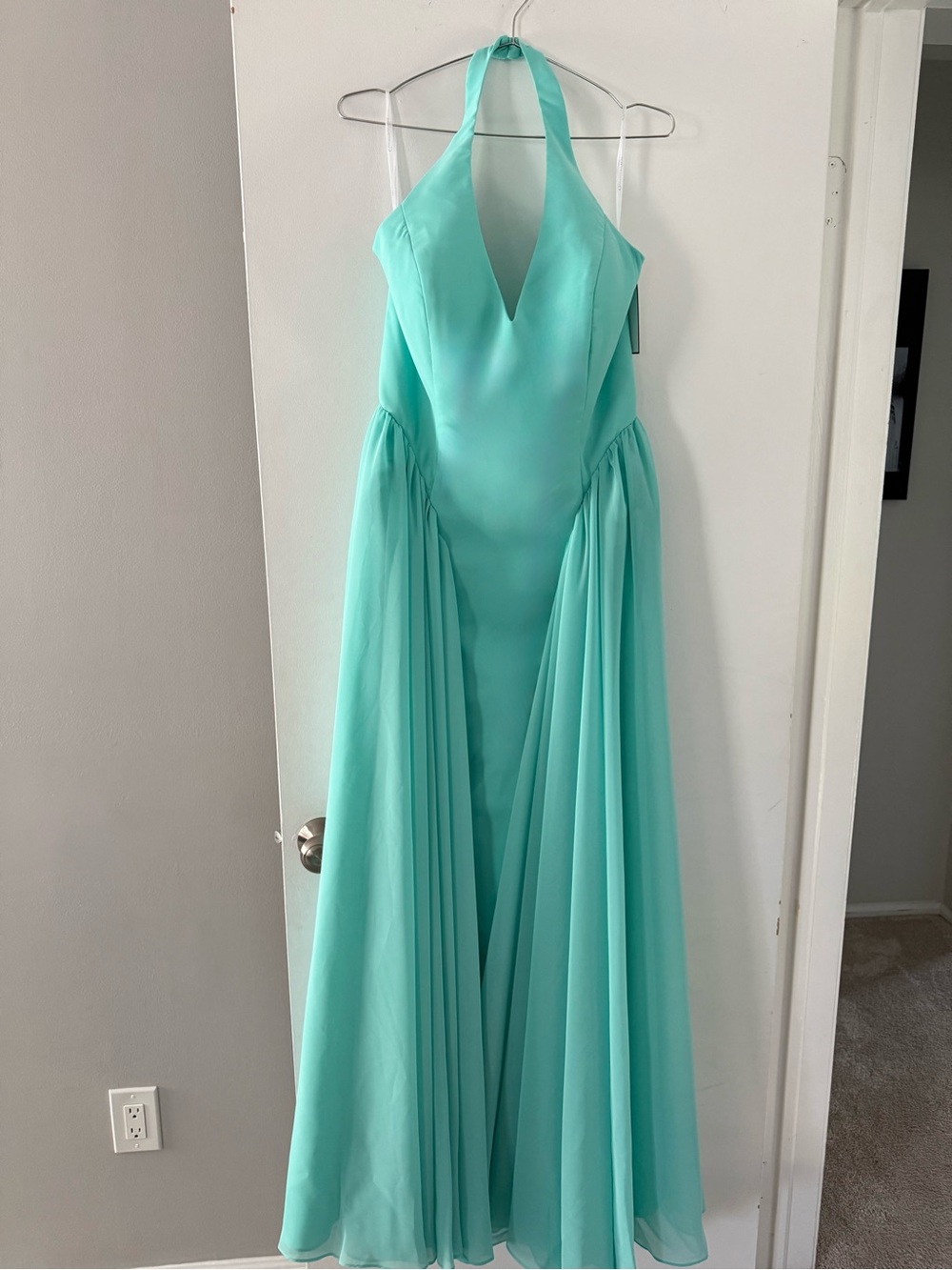 Christina Wu Aqua Halter Dress I Chiffon A-Line Maxi Gown